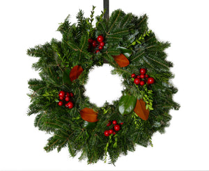 Designer Wreath Ilex red, pine cones and Magnolia 24"