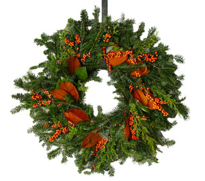 Designer Wreath Ilex orange and Magnolia 24"